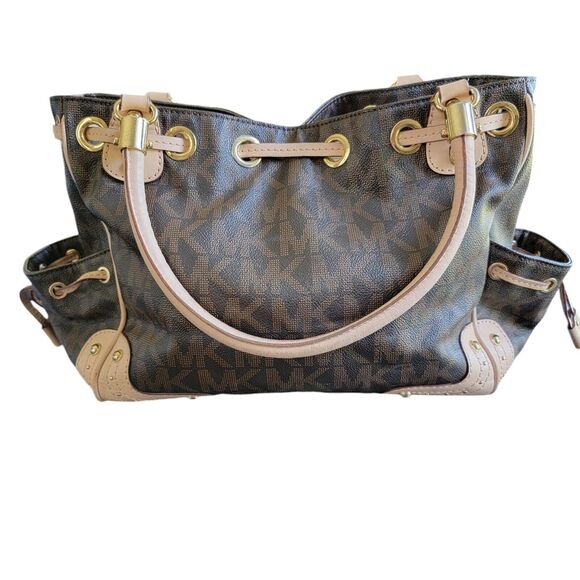 Michael Kors Brown Monogram Drawstring Satchel Handbag Purse Double Top Handle - Picture 2 of 16